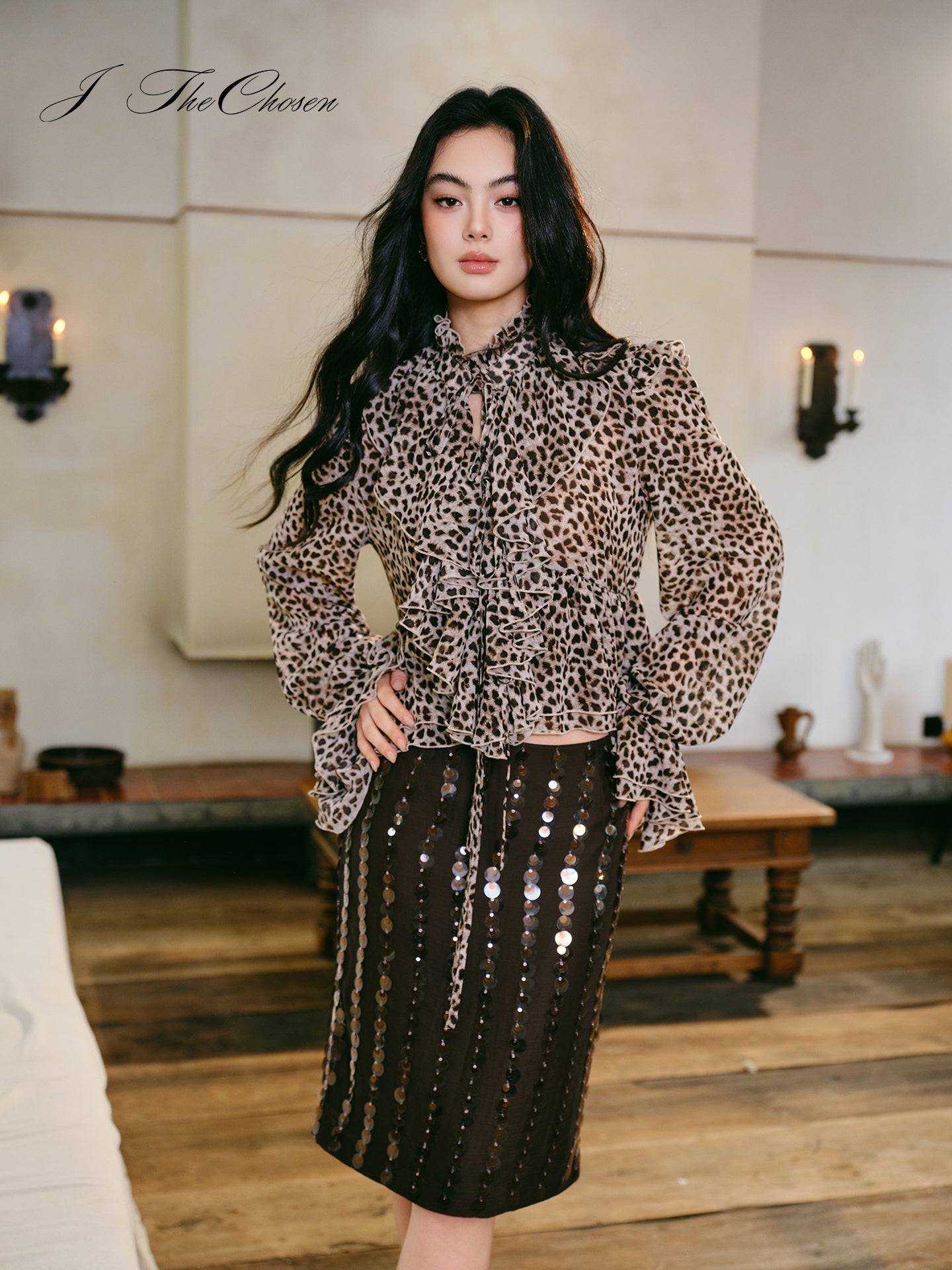J TheChosen Ruffle Leopard Shirt & Sequin A-Line Skirt Set