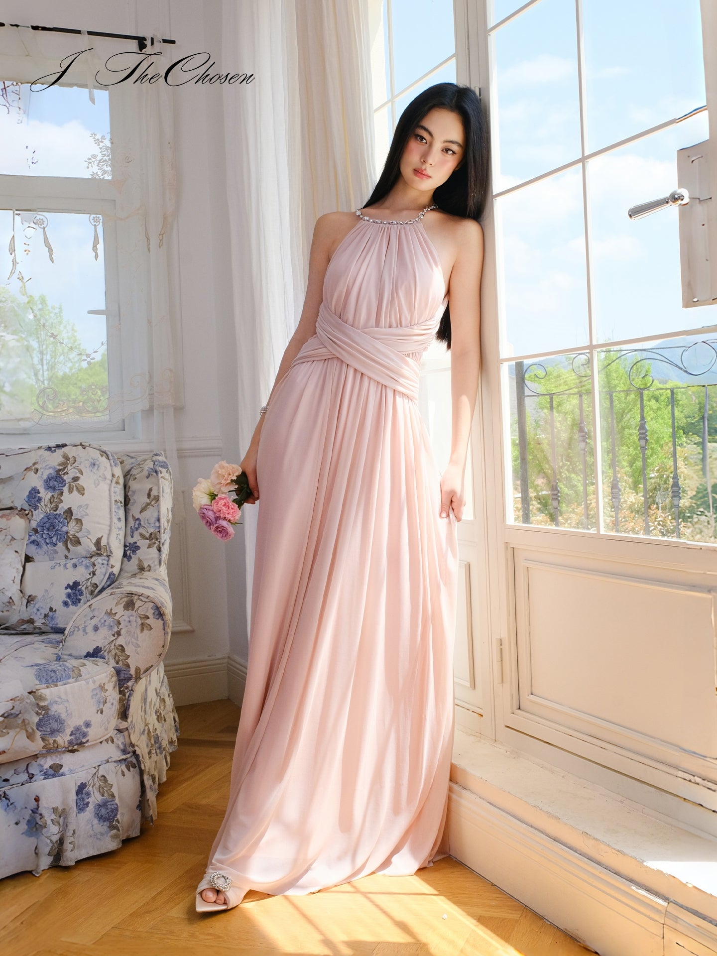 J TheChosen Mesh Ruched Halter Dress