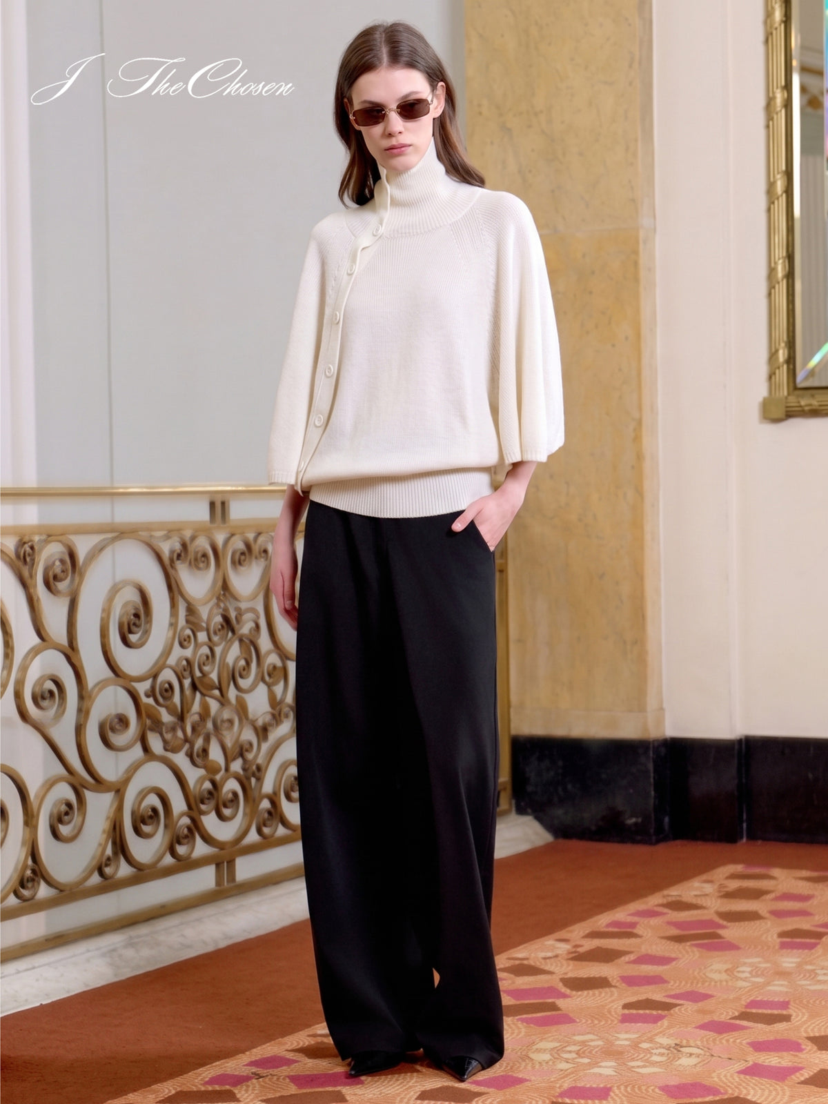 J TheChosen Asymmetric Button Cape Knit Sweater