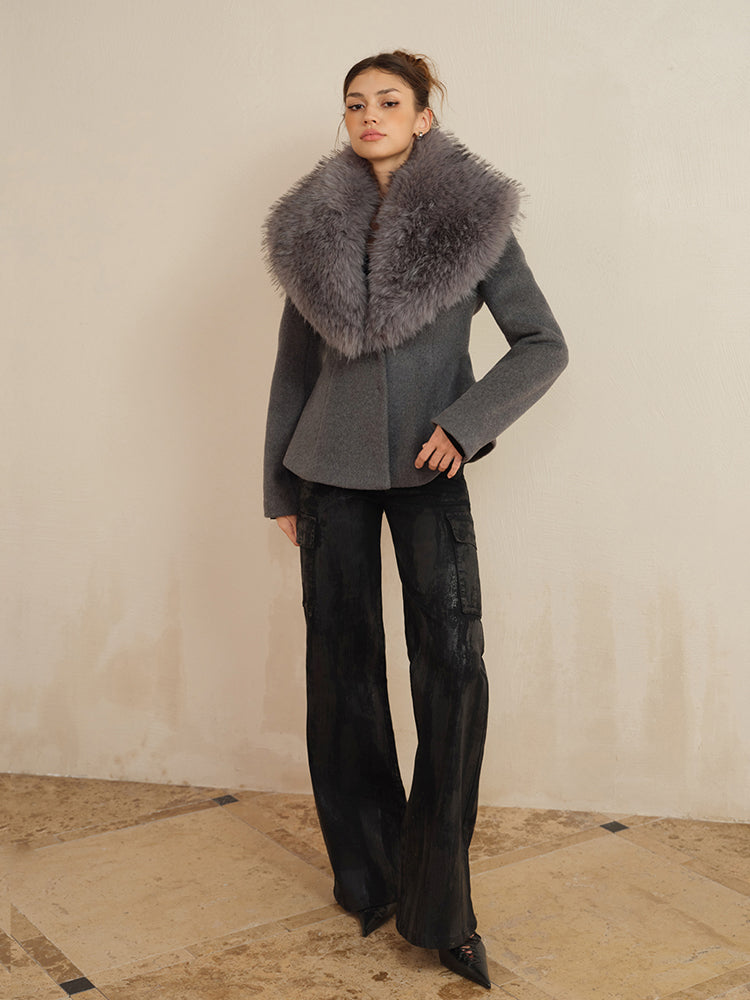 J TheChosen Removable Faux Fur Collar Waist-Cinching Wool Coat