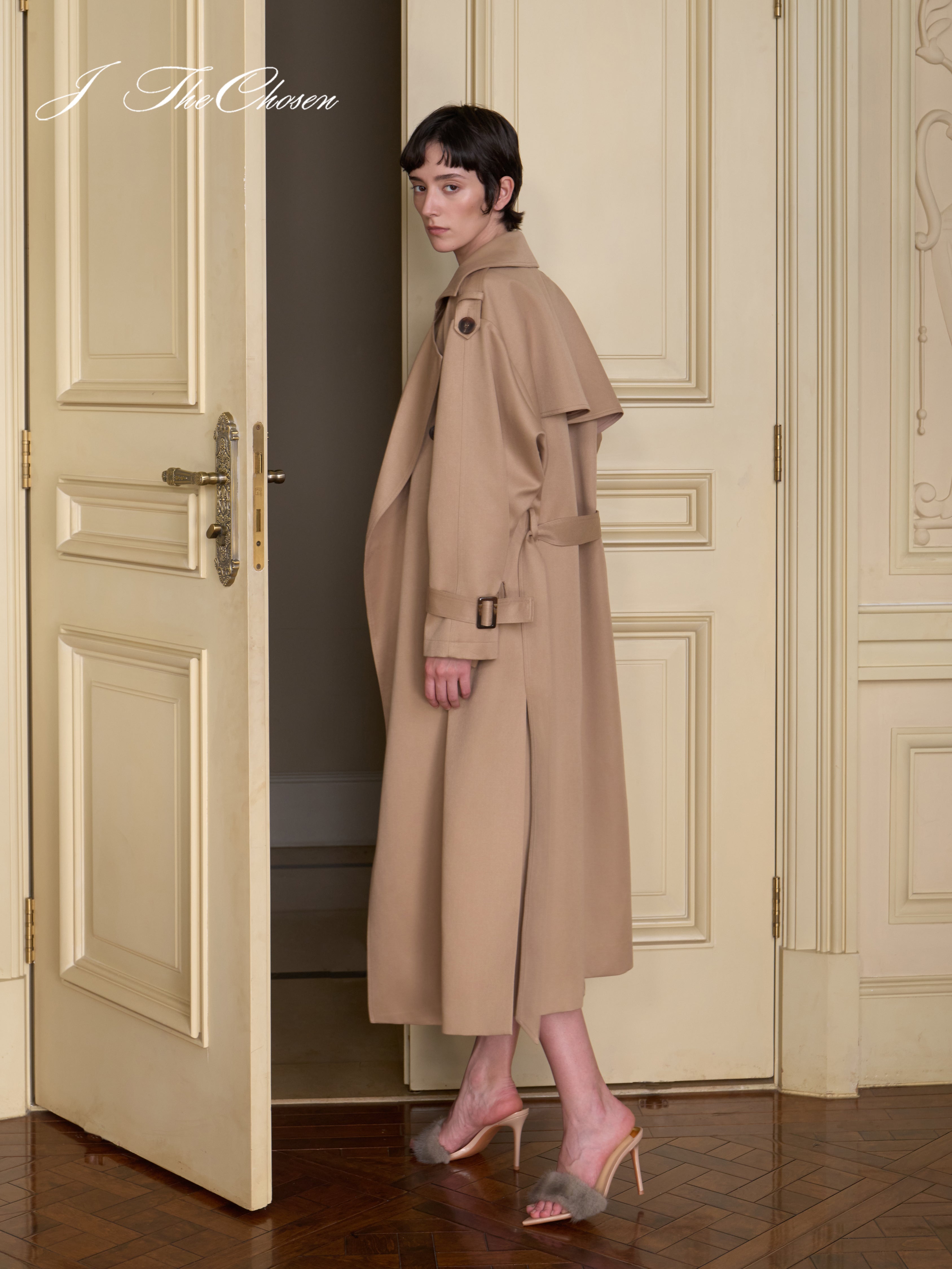J TheChosen Shimmer Trench Coat with Fur Collar