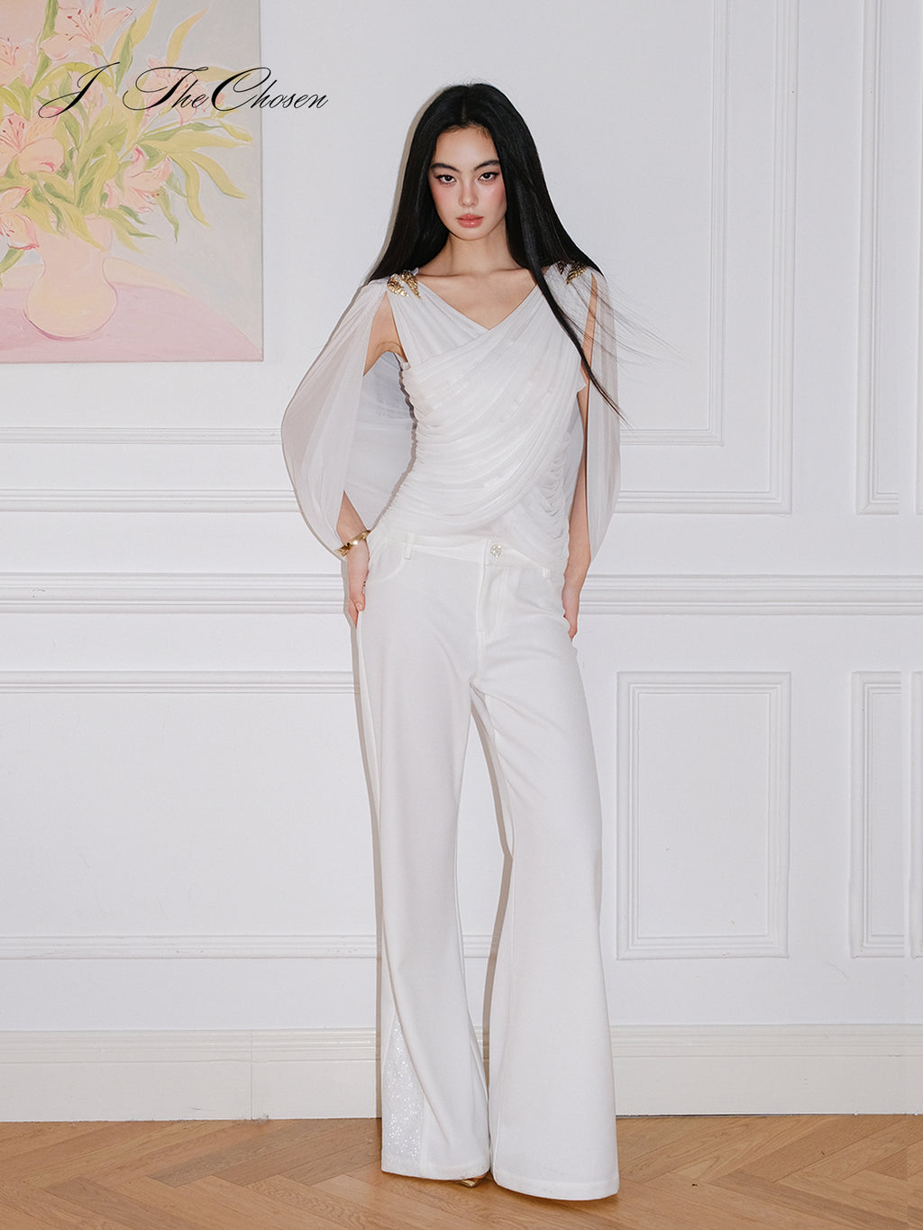 J TheChosen White Grecian Ruched Crisscross Cami