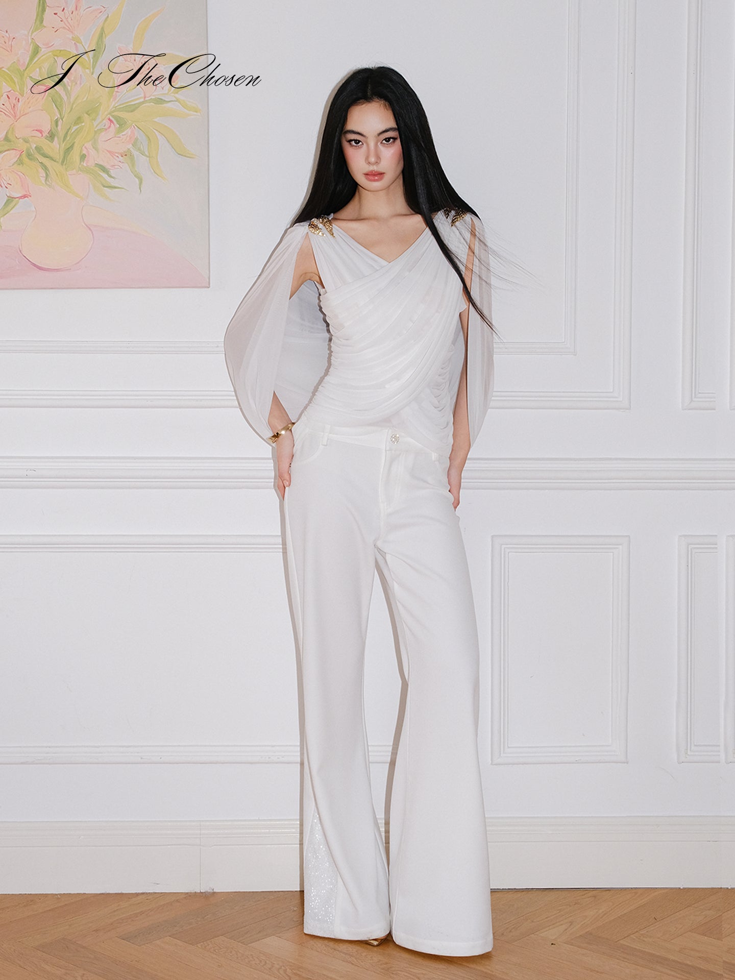 J TheChosen White Grecian Ruched Crisscross Cami