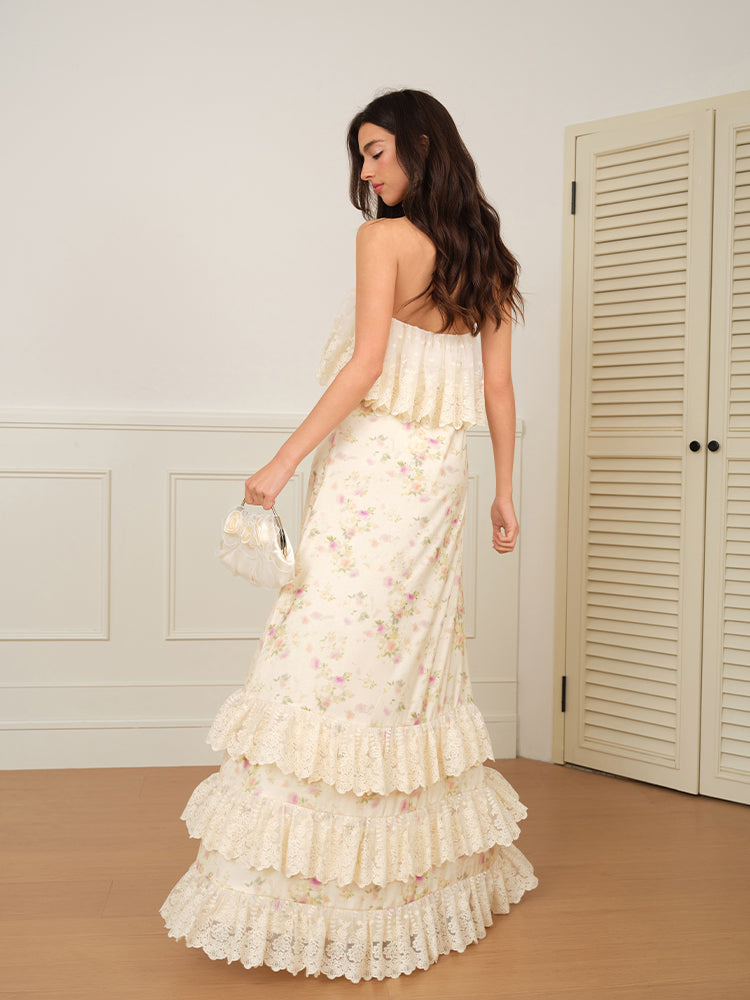J TheChosen Off-shoulder Floral Satin Lace Maxi Dress