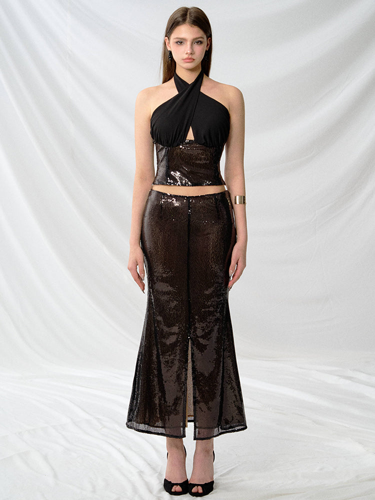 J TheChosen Black Sequin Chiffon Patchwork Top