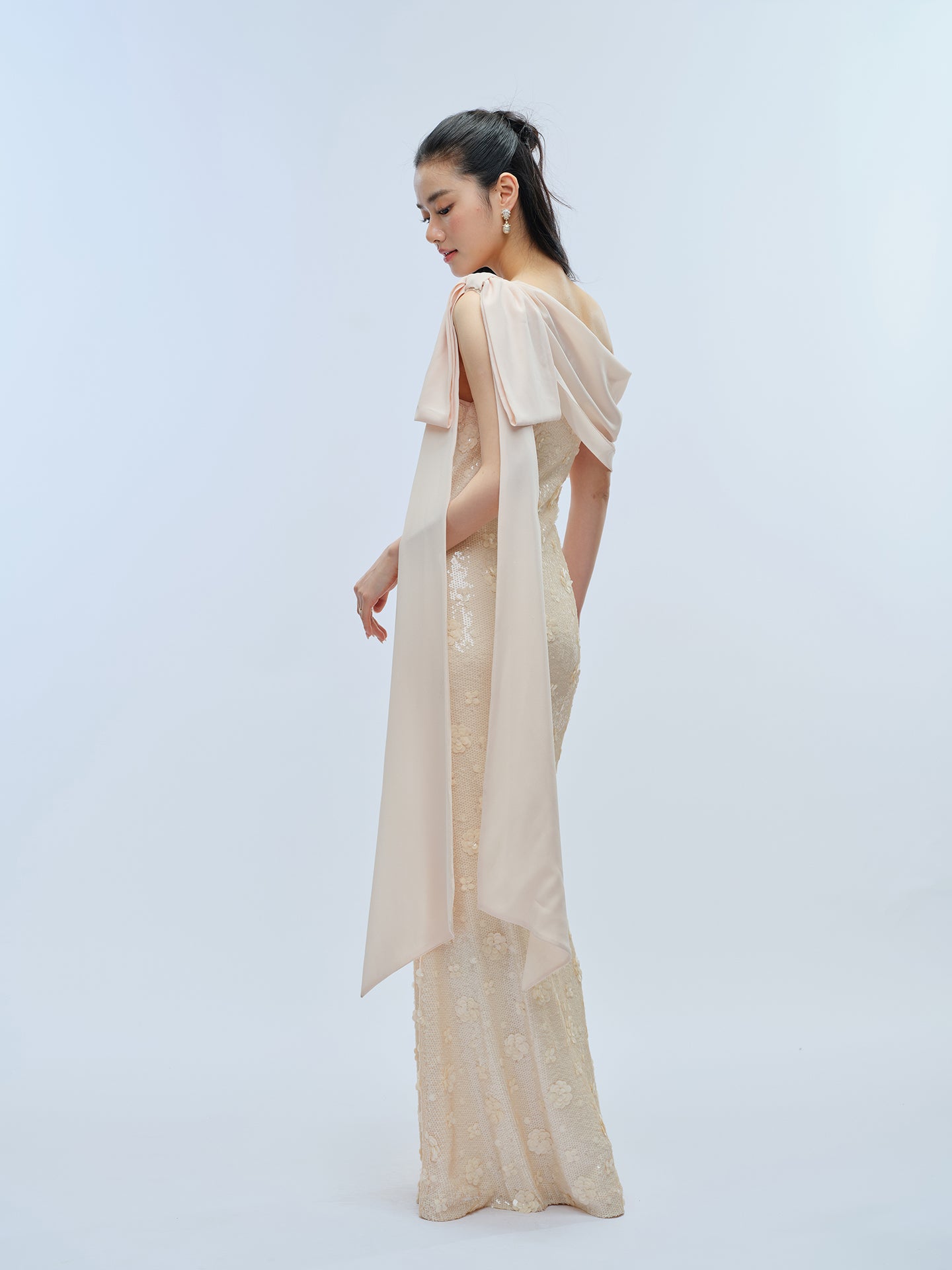 J TheChosen Off-Shoulder Sequin Gown with Bow and Streamer