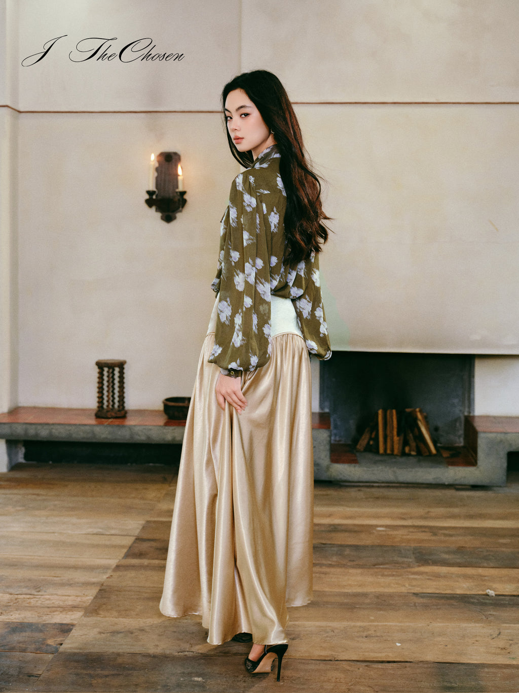 J TheChosen Long-Sleeve Shirt & Satin A-Line Skirt Set