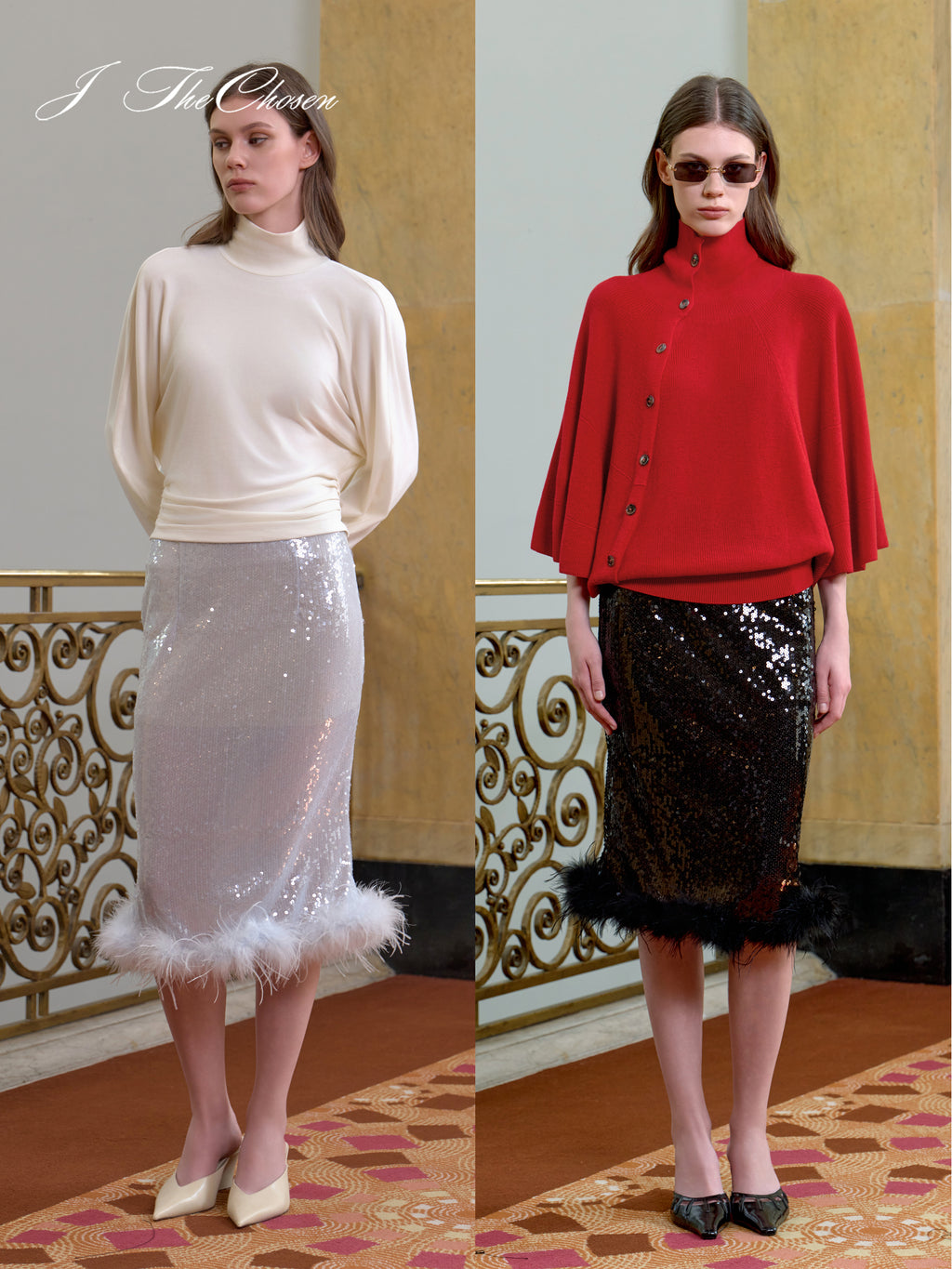 J TheChosen Ostrich Feather Sequin Midi Skirt