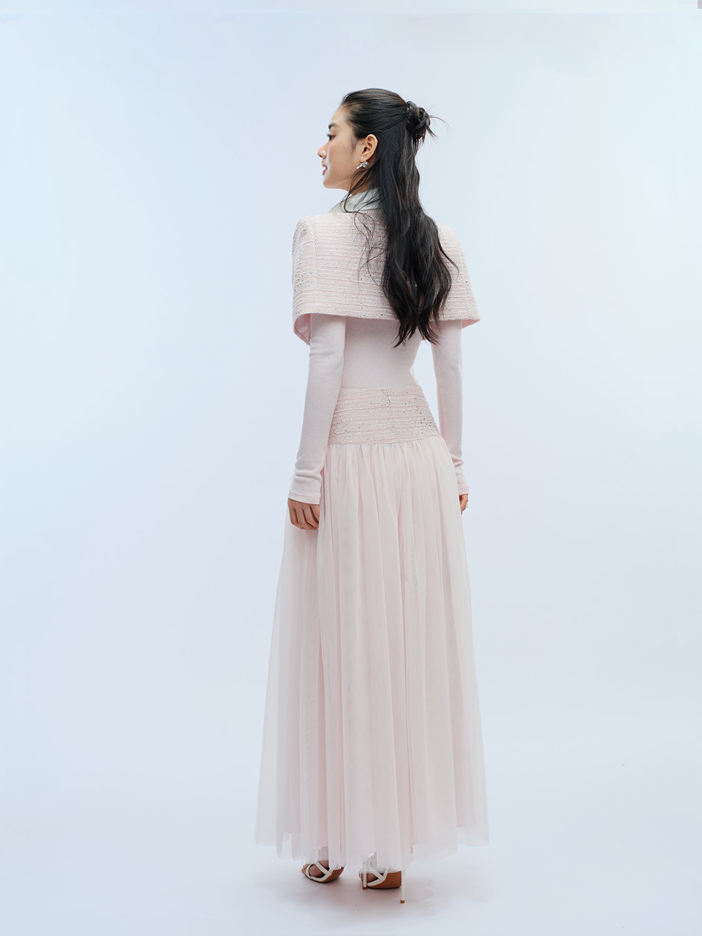 J TheChosen Crystal Button Tweed Set with Satin Cape Collar
