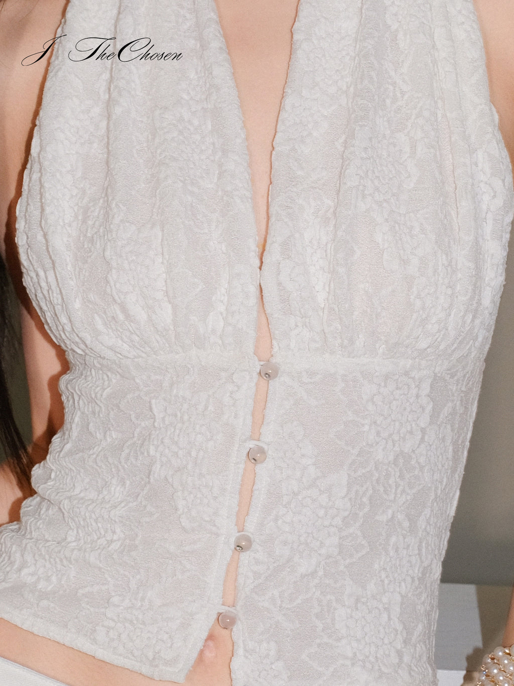 J TheChosen Lace Knit Halter Top with Pearl Buttons