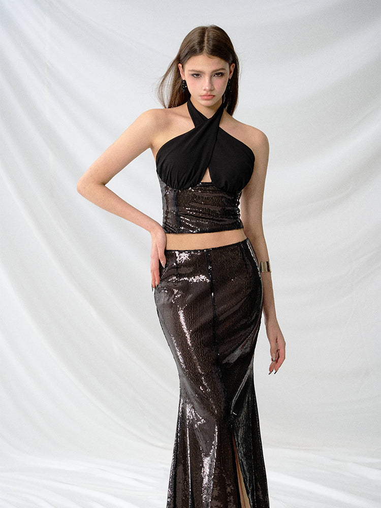 J TheChosen Black Sequin Fishtail Skirt