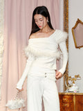J TheChosen Off-Shoulder Ostrich Feather Top
