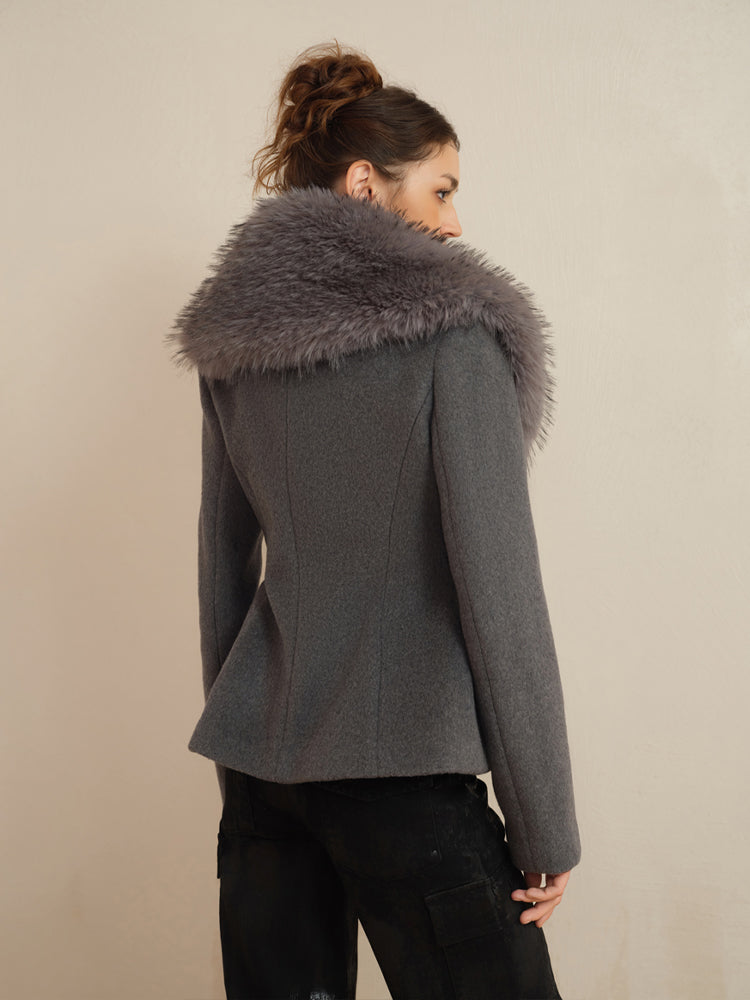 J TheChosen Removable Faux Fur Collar Waist-Cinching Wool Coat