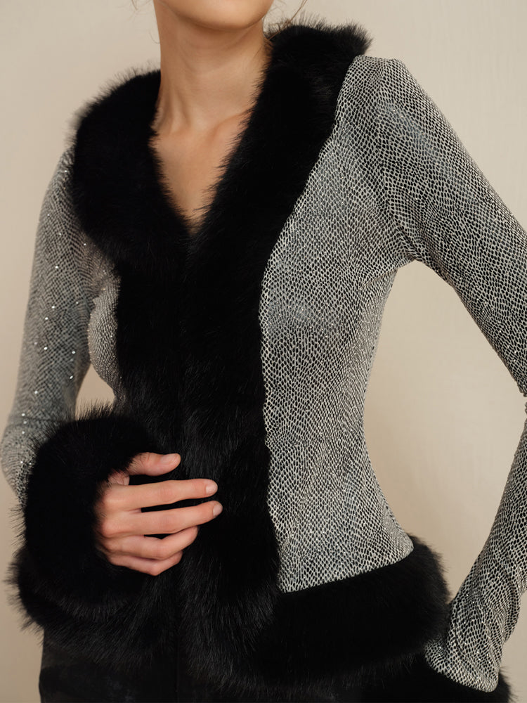 J TheChosen Sequin-Embellished Knit Top With Faux Fur Collar
