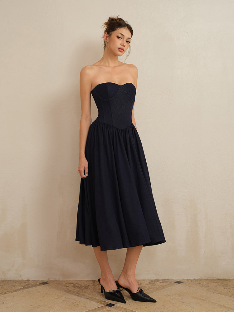 modern renewal eco tie bustier midi dress J TheChosen Navy Strapless Corset Midi Dress – jthechosen