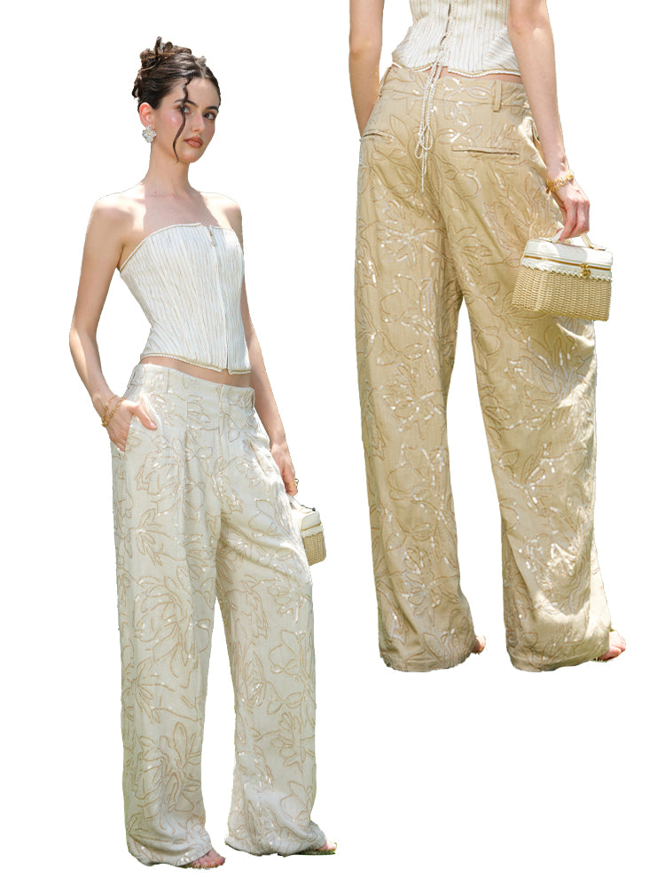 J TheChosen Linen Sequin Palmtree Embroidery Pants