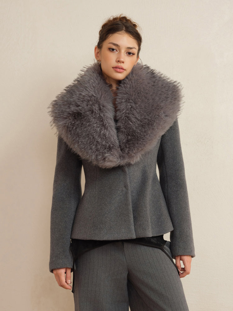 J TheChosen Removable Faux Fur Collar Waist-Cinching Wool Coat