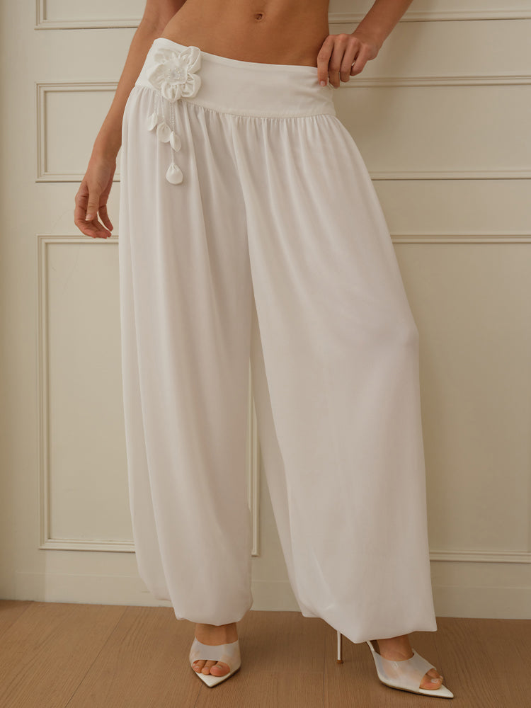 J TheChosen  "Difting Veil"Glitter Chiffon Wide-Leg Pants With Bead Flowers.