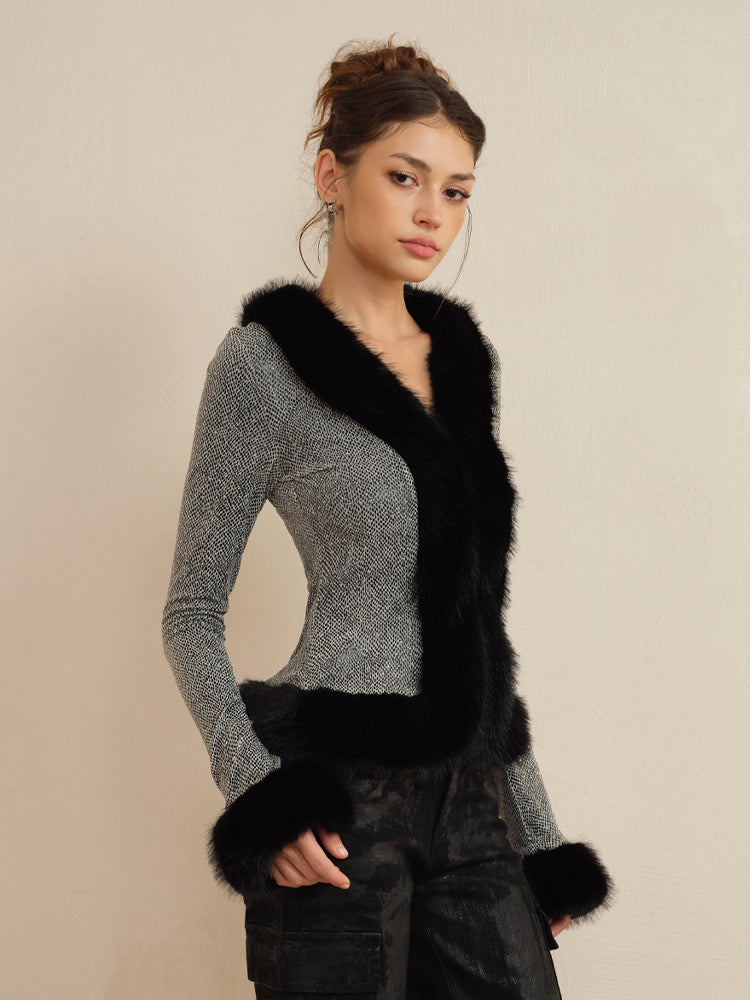 J TheChosen Sequin-Embellished Knit Top With Faux Fur Collar