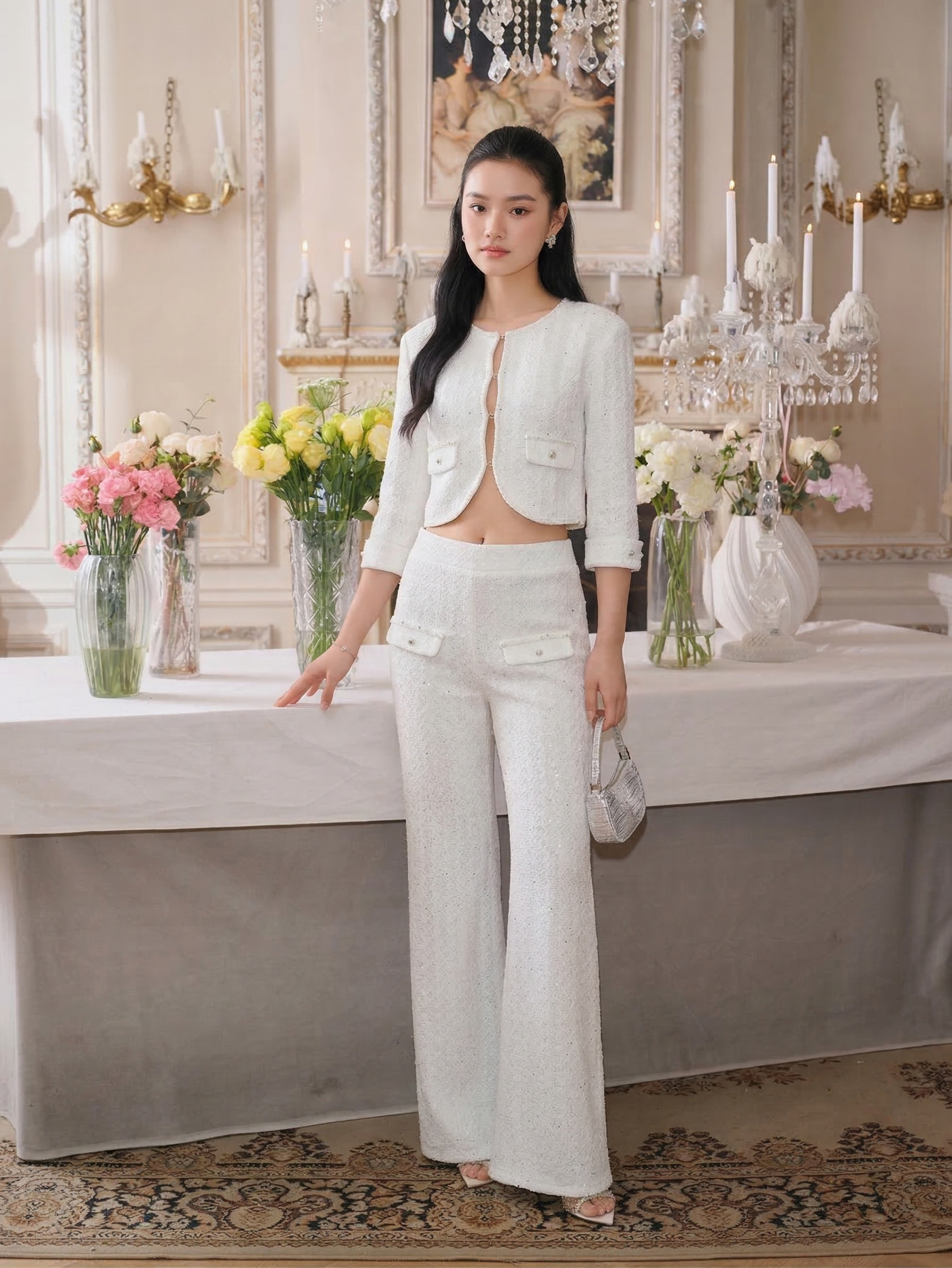 J TheChosen Openwork Sequin Knit Set with Flared Pants