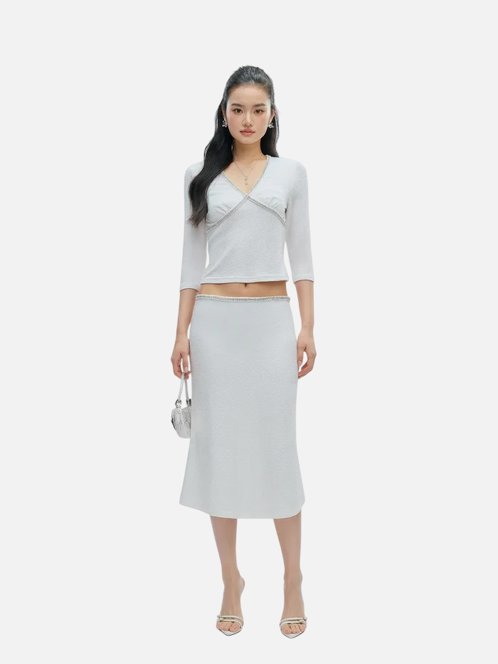 J TheChosen Pearl White V-Neck Top & Mermaid Skirt Set