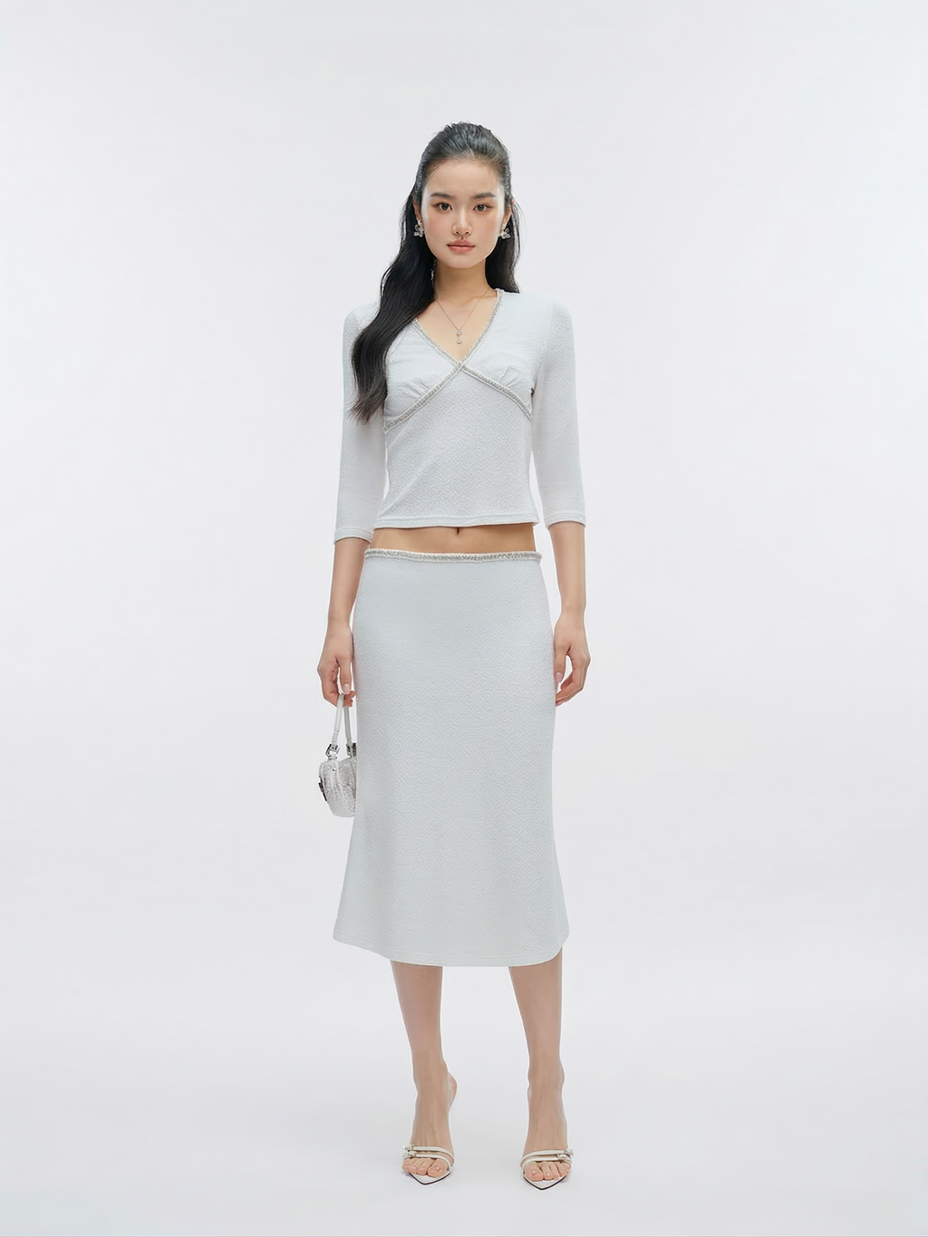 J TheChosen Pearl White V-Neck Top & Mermaid Skirt Set