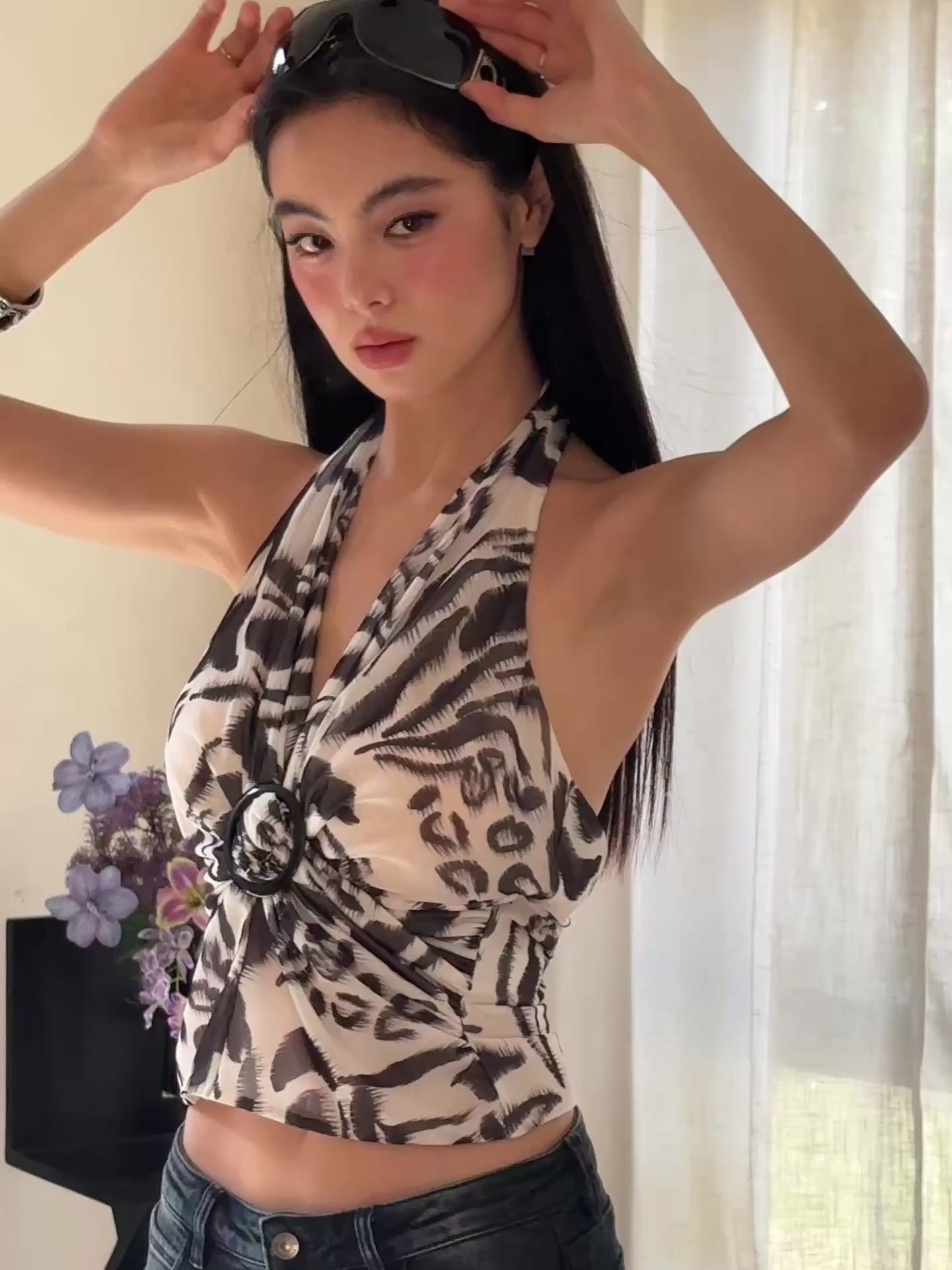 J TheChosen Leopard Print Mesh Halter Fitted Cami