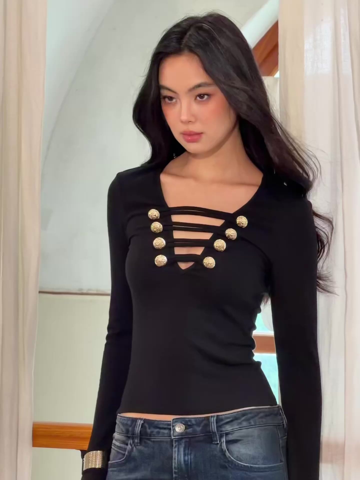 J TheChosen Sheer Fitted Long-Sleeve Top