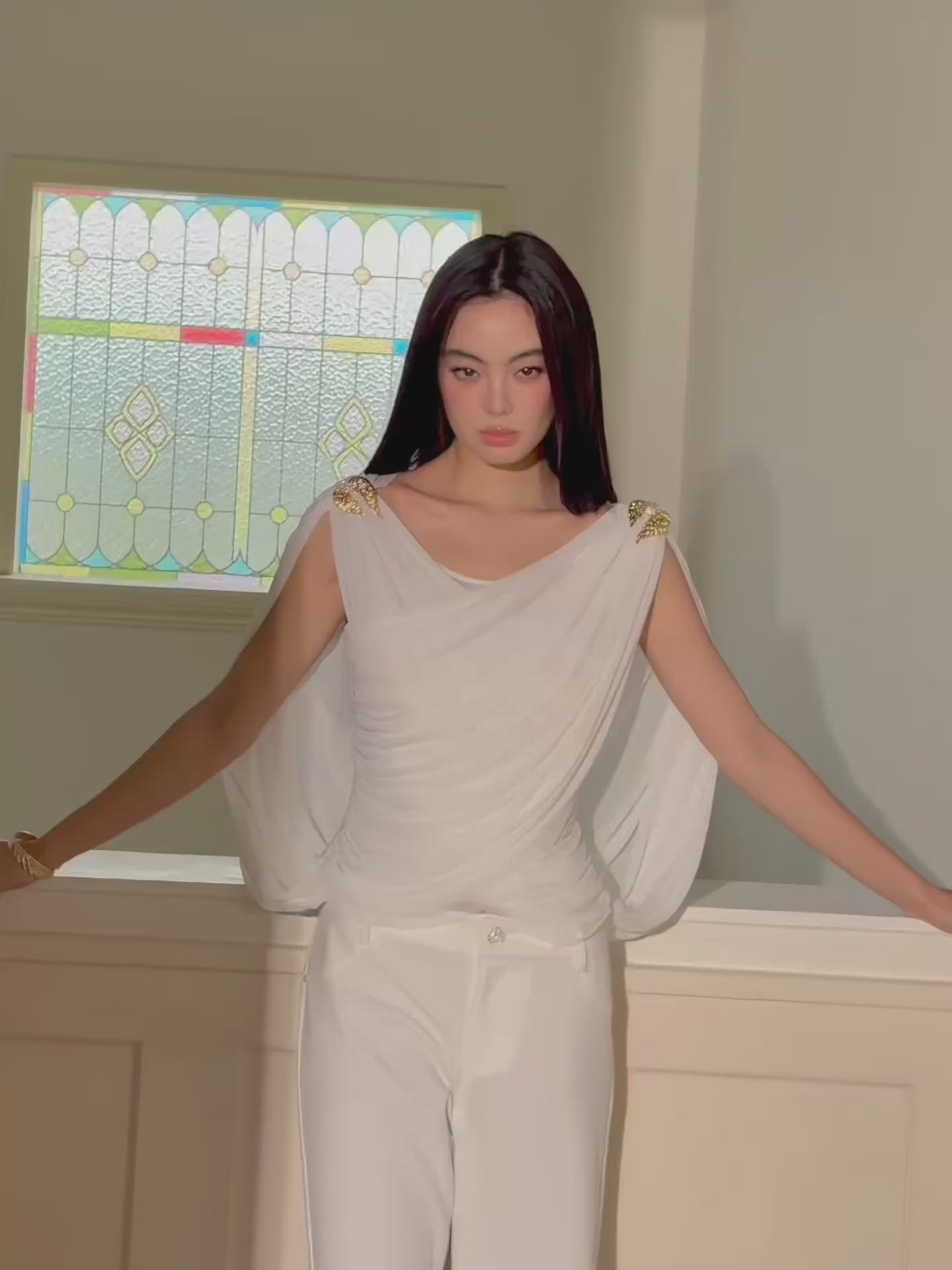 J TheChosen White Grecian Ruched Crisscross Cami