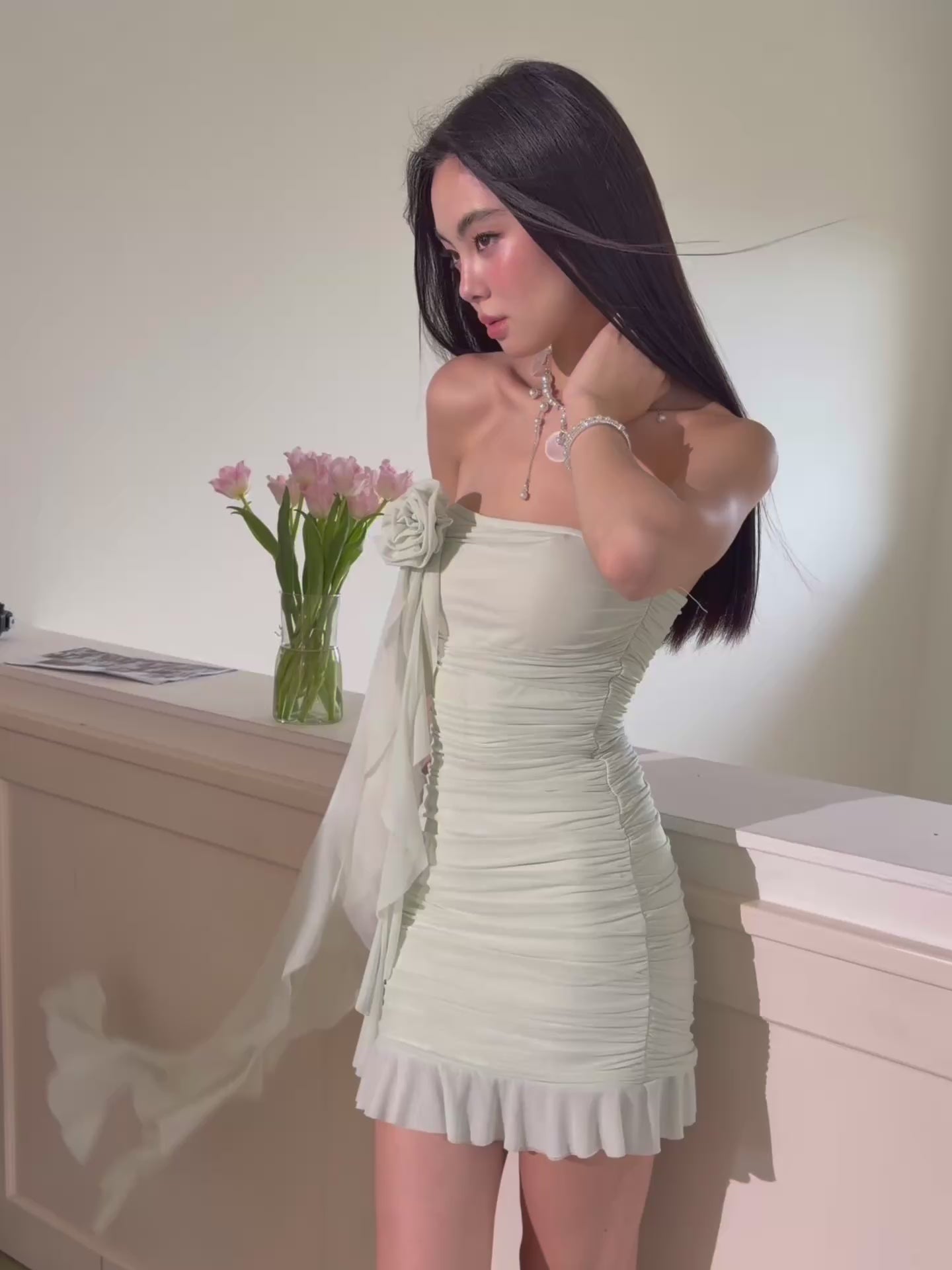 J TheChosen Mesh 3D Floral Ruched Strapless Dress